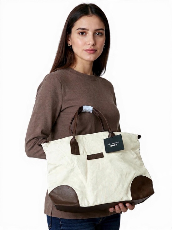 Handbags - John Varvatos Canvas Tote Bag with Brown Leather Trim - Cream